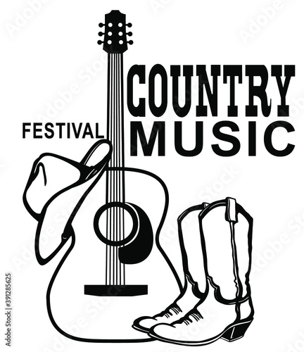 Retro Country music poster of acoustic guitar and cowboy American hat and boots. Vector music background with text on old grunge paper texture