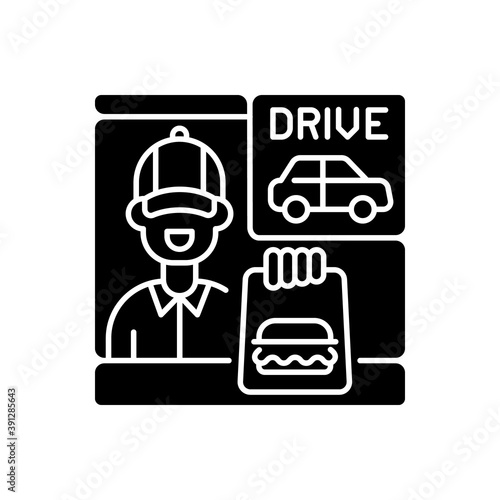 Drive through window black glyph icon. Fast food order. Restaurant employee. Burger for customer. Express delivery service. Silhouette symbol on white space. Vector isolated illustration