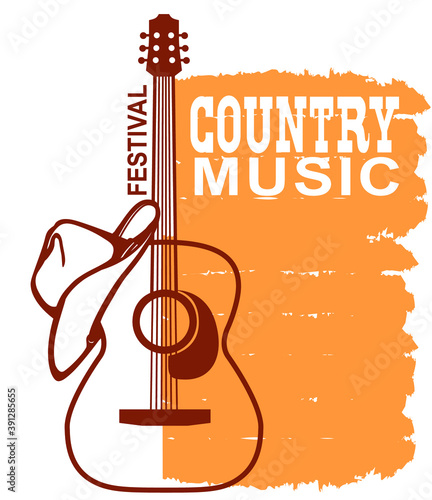 Retro Country music poster of acoustic guitar and cowboy American hat and boots. Vector music background with text on old grunge paper texture