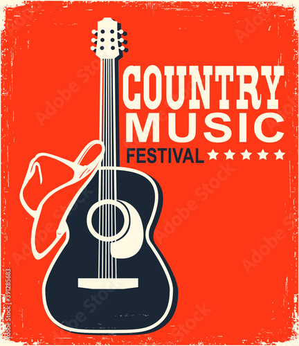 Retro Country music poster of acoustic guitar and cowboy American hat and boots. Vector music background with text on old grunge paper texture