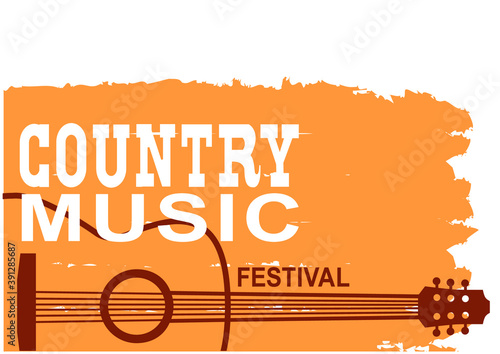 Retro Country music poster of acoustic guitar and cowboy American hat and boots. Vector music background with text on old grunge paper texture