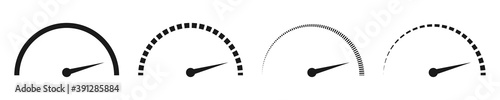 Level measure bar on white background. Isolated speedometer scale in black. Dashed and dotted progress level. Rating measurement with arrow. Fast speed tachometer. Vector EPS 10.