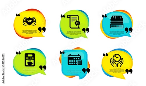 Calendar, Deluxe mattress and Technical documentation icons simple set. Speech bubble with quotes. Coffee maker, Vip security and Safe time signs. Calculator device, Sleeping pad, Manual. Vector