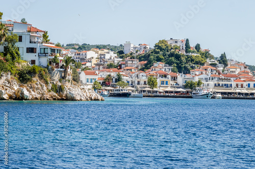 Evia island, Greece - June 28. 2020: Panorama of the tourist island of Skiathos in Greece 