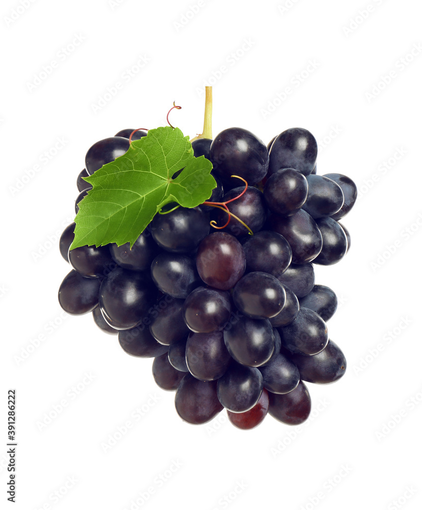 Bunch of fresh ripe juicy dark blue grapes with leaf isolated on white Bunch of fresh ripe juicy dark blue grapes with leaf isolated on white
