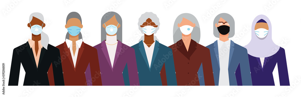 Crowd of diverse senior age business woman wearing face mask to protect themselves from the epidemic. Flat design vector illustration. Crowd of diverse senior age business woman wearing face mask to protect themselves from the epidemic. Flat design vector illustration.