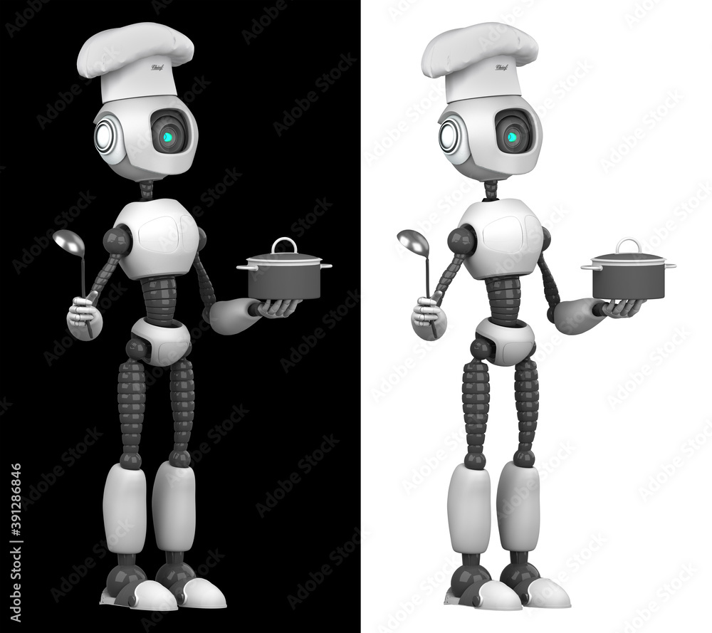 Naklejka premium A humanoid robot chef cooks dishes. Isolated on black and white background. Future concept with robotics and artificial intelligence. 3D rendering.
