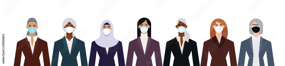 Crowd of diverse business woman wearing face mask to protect themselves from the epidemic. Flat design vector illustration. Crowd of diverse business woman wearing face mask to protect themselves from the epidemic. Flat design vector illustration.