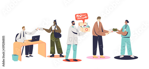 People getting medication and medical aid and diagnostics for health insurance contract