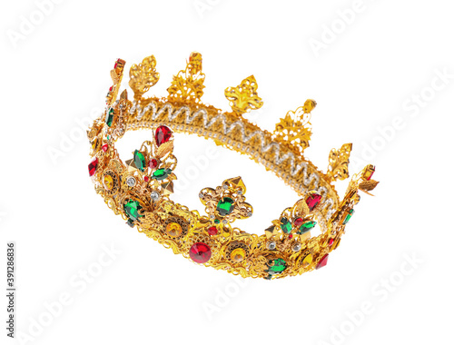 Beautiful golden crown on white background. Fantasy item