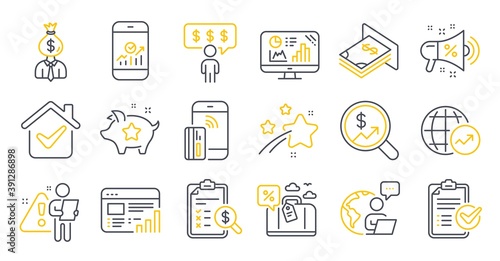 Set of Finance icons, such as Manager, Atm money, Currency audit symbols. Employee benefits, Survey checklist, Contactless payment signs. Loyalty points, Accounting report, Travel loan. Vector