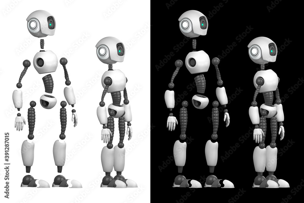 A humanoid robot isolated on black and white background. The robot is divided into component parts for assembly. 3D rendering. A humanoid robot isolated on black and white background. The robot is divided into component parts for assembly. 3D rendering.
