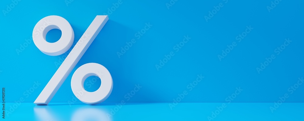 White percent sign leaning against blue wall in room with shiny floor with copy space - obrazy, fototapety, plakaty 