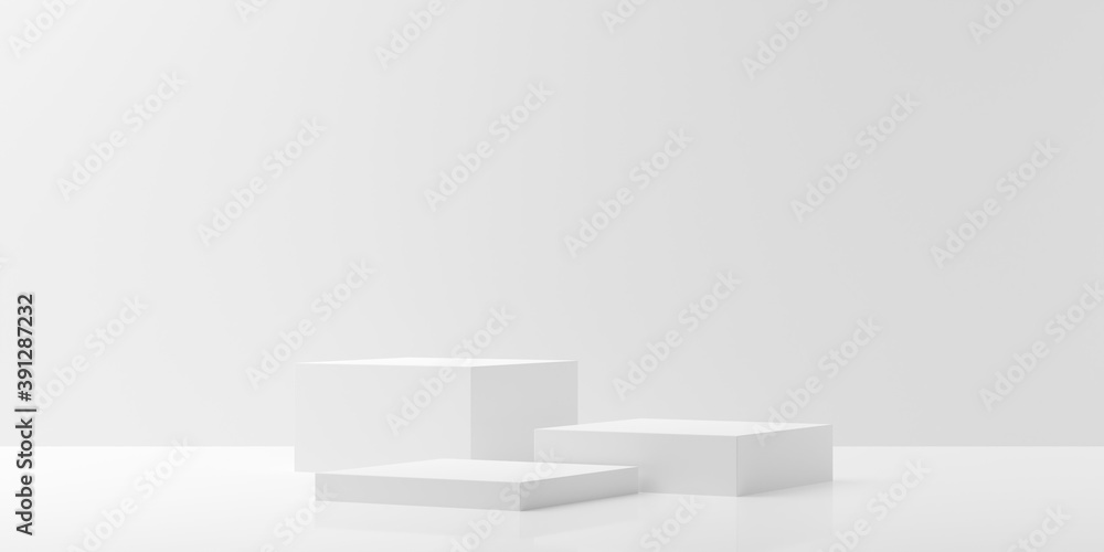 Modern abstract empty white room with three podiums in the center, product presentation template or winning ceremony background Modern abstract empty white room with three podiums in the center, product presentation template or winning ceremony background