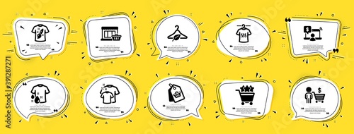Fashion icons set. Speech bubble offer banners. Yellow coupon badge. Included icon as Dry t-shirt, Sale tag, Online shopping signs. Slow fashion, Wash t-shirt, Buyer symbols. Vector