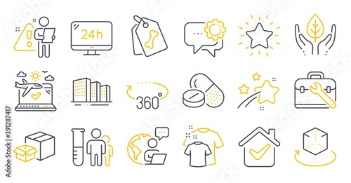 Set of Business icons, such as Rank star, Buildings, Fair trade symbols. Clean t-shirt, Medical analyzes, Employees messenger signs. 24h service, Pet tags, Medical drugs. Augmented reality. Vector
