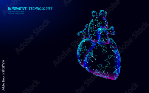 Healthy heart beats 3d medicine low poly concept. Triangle red pharmacy drugstore background. Glowing shape modern heart recovery reconstruction vector illustration