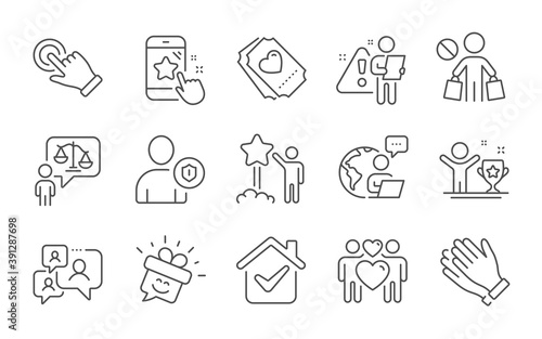 Support chat, Lawyer and Star rating line icons set. Clapping hands, Love ticket and Winner cup signs. Touchscreen gesture, Love couple and Stop shopping symbols. Smile, Star and Security. Vector