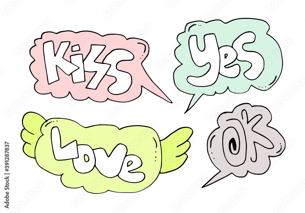 Handdrawn arrows, borders set with handwritten text:kiss,yes,love,ok. Vector icon.