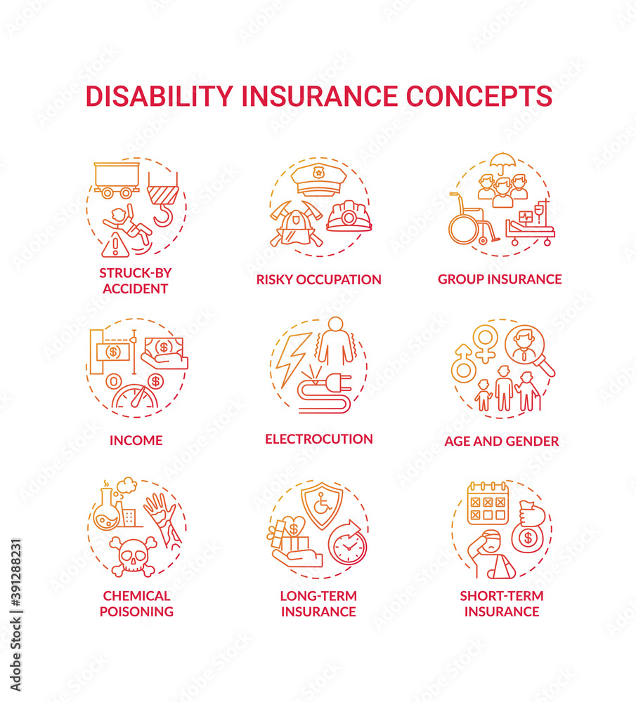 Disability insurance concept icons set. Short and long insurance variety. Age and gender. Medical help. Income idea thin line RGB color illustrations. Vector isolated outline drawings