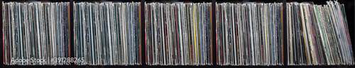 Collection of old vinyl records. Long banner photo