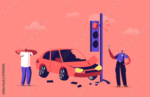 Upset Driver after Car Accident on Road, Stressed Male Character Yelling Stand on Roadside at Broken Automobile