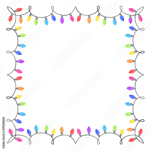 Watercolor christmas garland square frame isolated on white background. Christmas lights border with colored bulbs