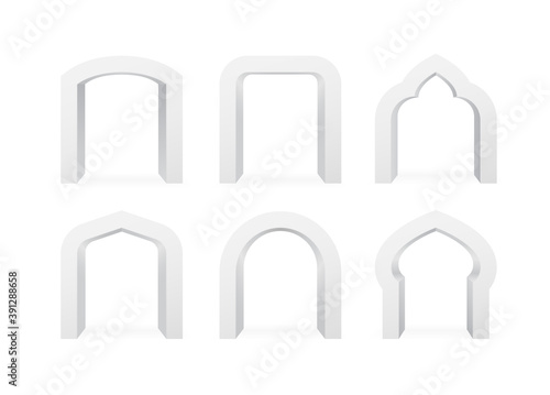 Set of realistic arches of different shapes, arc template 3d elements on white background