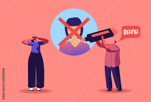 Tiny Characters Bullying, Trolling Online in Chat or Messenger. Bad Reviews, Comments, Dislike in Social Media Network