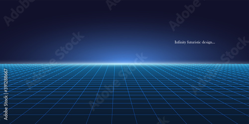 Vector abstract futuristic glowing background with vision perspective. Retro design - fashion 80-90s. Bright grid neon surface with glowing effect