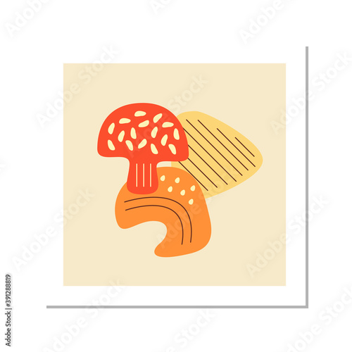 Foraging in autumn social media post mockup with abstract elements. Dried mushrooms. Advertising web banner design template. Layout with colourful graphic shapes. Square poster with flat illustrations