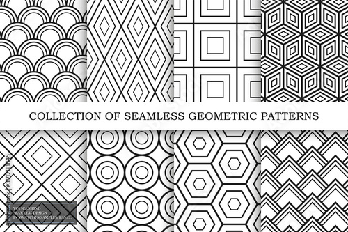 Collection of vector seamless geometric patterns. Monochrome repeatable backgrounds. Simple black and white textures. You can find endless design in swatches panel