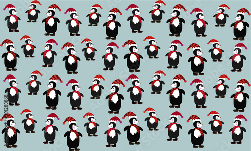 The wallpaper made of Christmas penguins in the scarf and hat. Placed on frozen blue color.