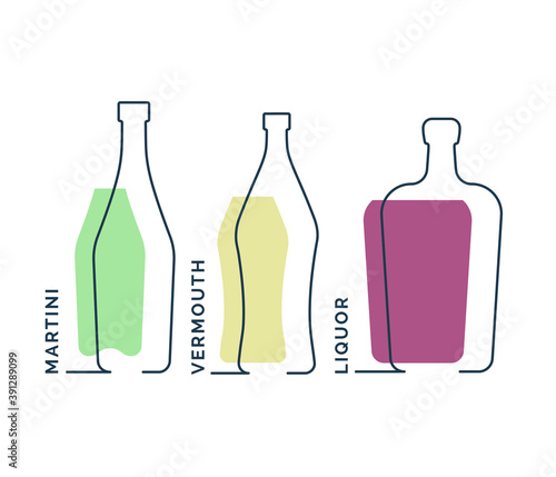 Bottles martini vermouth liquor in row. Continuous line object on white background. Black thin outline and color fill. Modern flat style graphic design. Logo contour element illustration