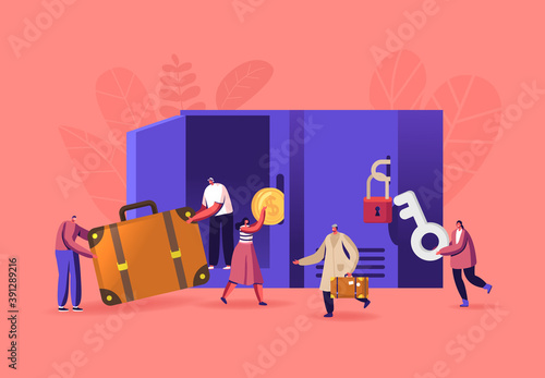 Male and Female Characters Use Luggage Storage Put Bags into Lockers in Airport or Supermarket. People r Keeping Baggage