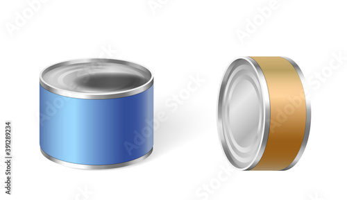 Small food cans set. Canned metal packaging template for branding or label design
