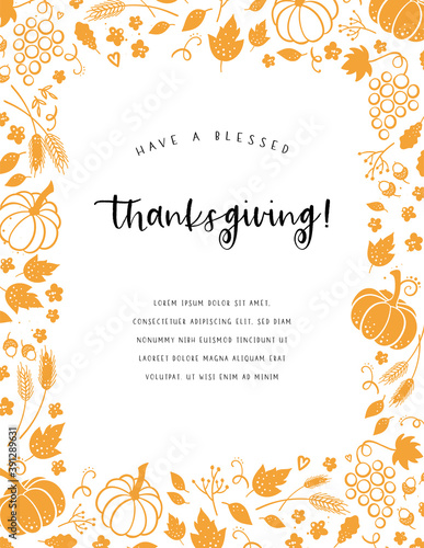 Cute hand drawn Thanksgiving design with text and decoration, great for invitations, banners.