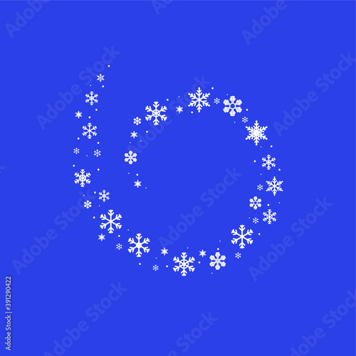 Snow whirlwind frame. Limiter, border of snowflakes flying in a circle. Blue, background, white snow. Vector illustration, flat cartoon minimal design, isolated on white background, eps 10.