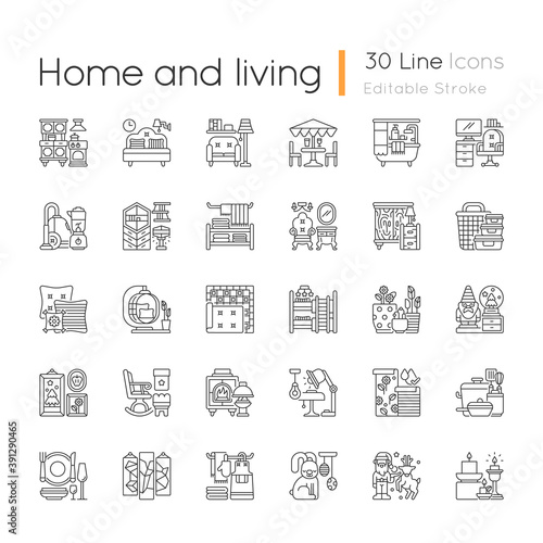 Home and living linear icons set. House decor. Contemporary style. Kitchen appliances. Home textile. Customizable thin line contour symbols. Isolated vector outline illustrations. Editable stroke