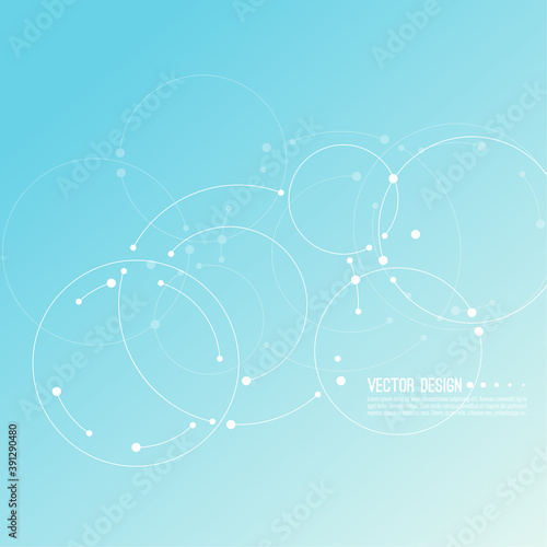 Vector abstract background with overlapping circles and dots. Chaotic motion. Round banner with empty space for text. Node molecule structure. Science and connection concept.