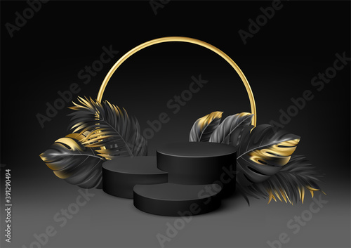3d realistic black pedestal on a black background with golden elements palm leaves. Empty space design luxury mockup scene for product. Vector illustration