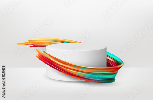 3d realistic white pedestal on white background with color brush paint. Empty space design trendy mockup scene for product. Vector illustration