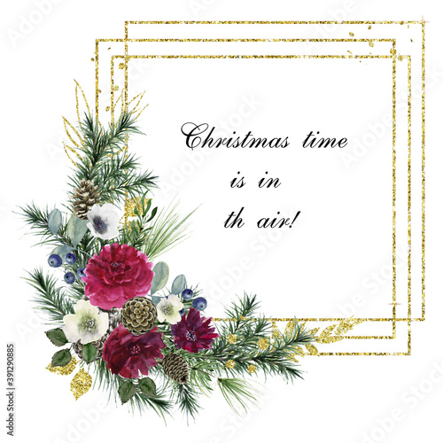 Christmas eve geometric frame. Watercolor poinsetiia, spruce branches, Fir, peony, cone. Winter Holidays. White background. Wedding invitation, save the date design.