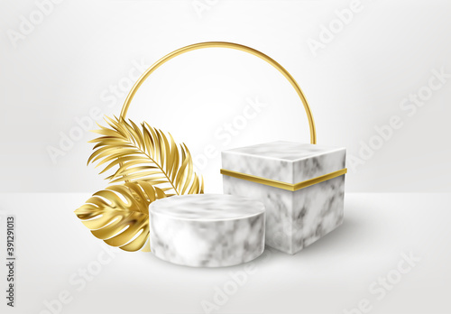 3d realistic white and black marble pedestal on white background with golden palm leaves. Empty space design luxury mockup scene for product. Vector illustration