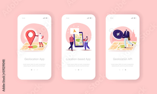 Gps Navigation Positioning Mobile App Page Onboard Screen Template. Tiny Characters at Huge Location Map, Online App