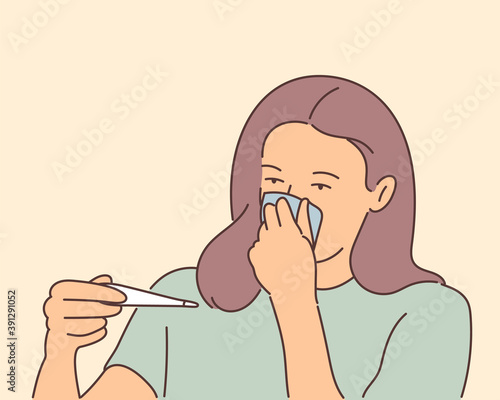 Health, care, desease, cold, medicine concept. Young sad ill sick wman girl cartoon character checks the temperature. Hand drawn style vector design illustrations.