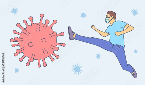 Coronavirus, fighting, infection, protection concept. Young man cartoon character in medical face mask hitting virus. Struggle against covid19 pandemic desease illustration.