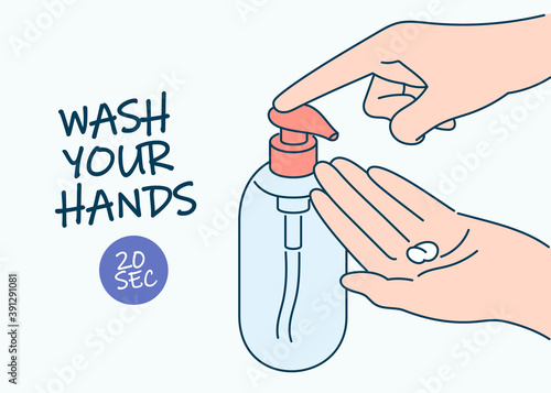 Hygiene, disinfection, coronavirus, protection concept. Hand washing with hygiene soap. Preventive measures from covid19 desease infection illustration.