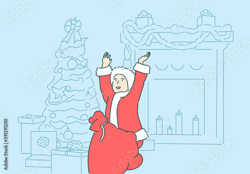 Excited little child with surprise, kid getting New Year gift concept. Happy boy unpacking festive present, Christmas holiday celebration, winter season tradition.