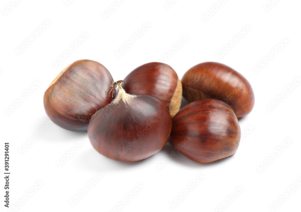 Fresh sweet edible chestnuts on white background Fresh sweet edible chestnuts on white background